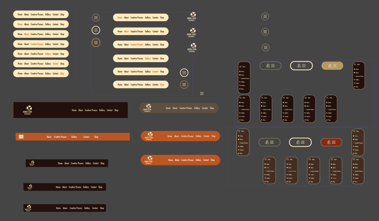 Navbar and menu iterations — exploring header structure across breakpoints